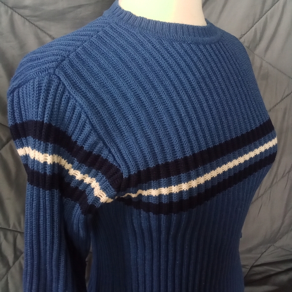 Women's Greendog Blue Ribbed All Over Crew Neck Knit Sweater Size Small Striped - Picture 2 of 11